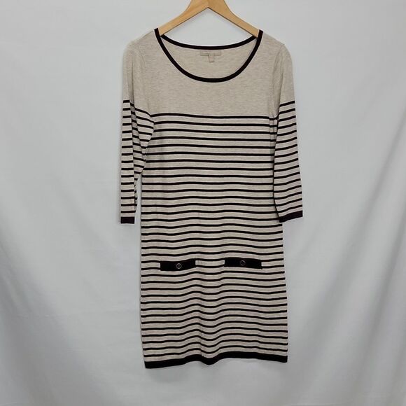 Banana Republic Women's Tunic Sweater  Gray Black Stripe 3/4 Sleeve Scoop Neck M - Picture 8 of 12